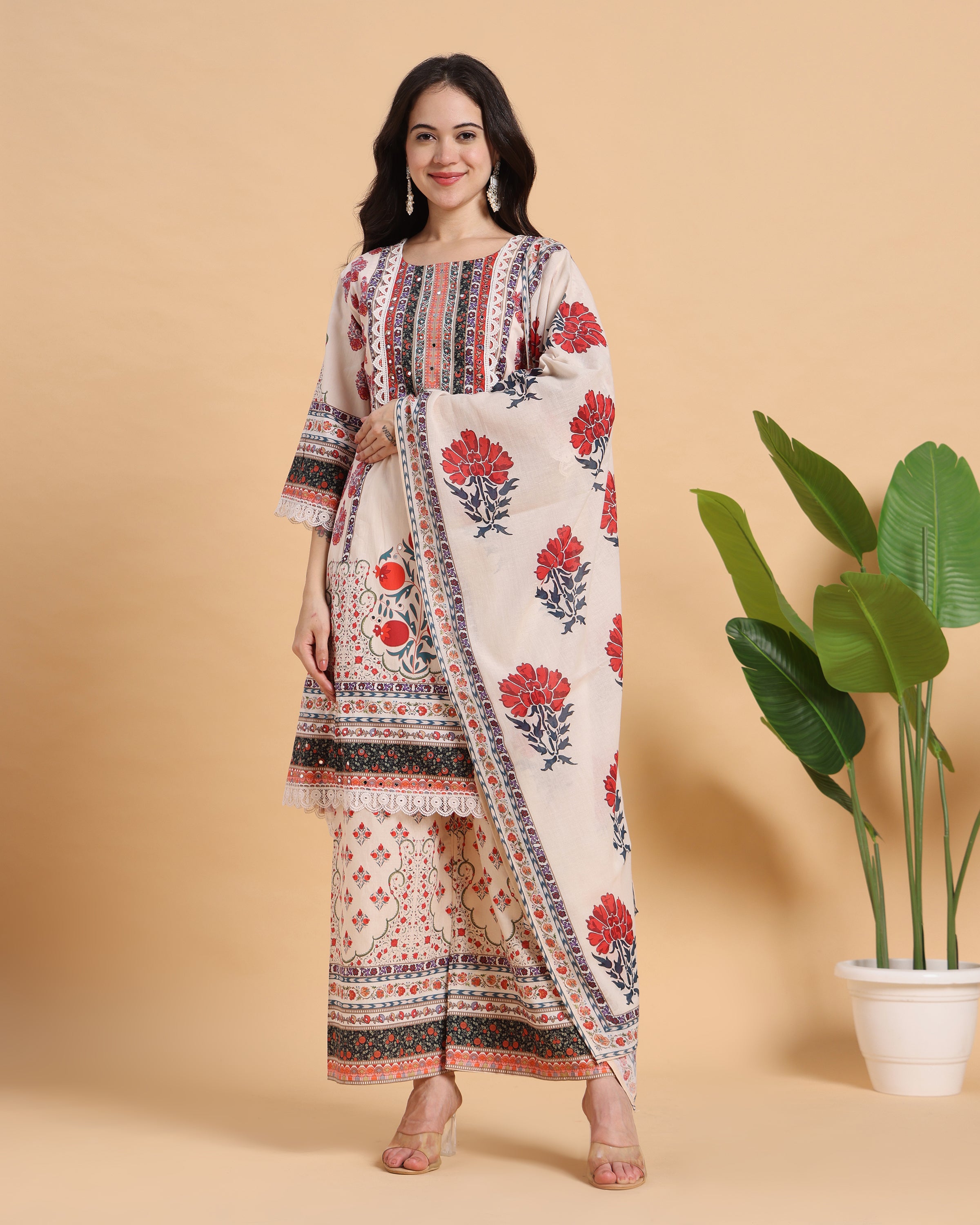 Saanvi - White & Red Casual Cotton