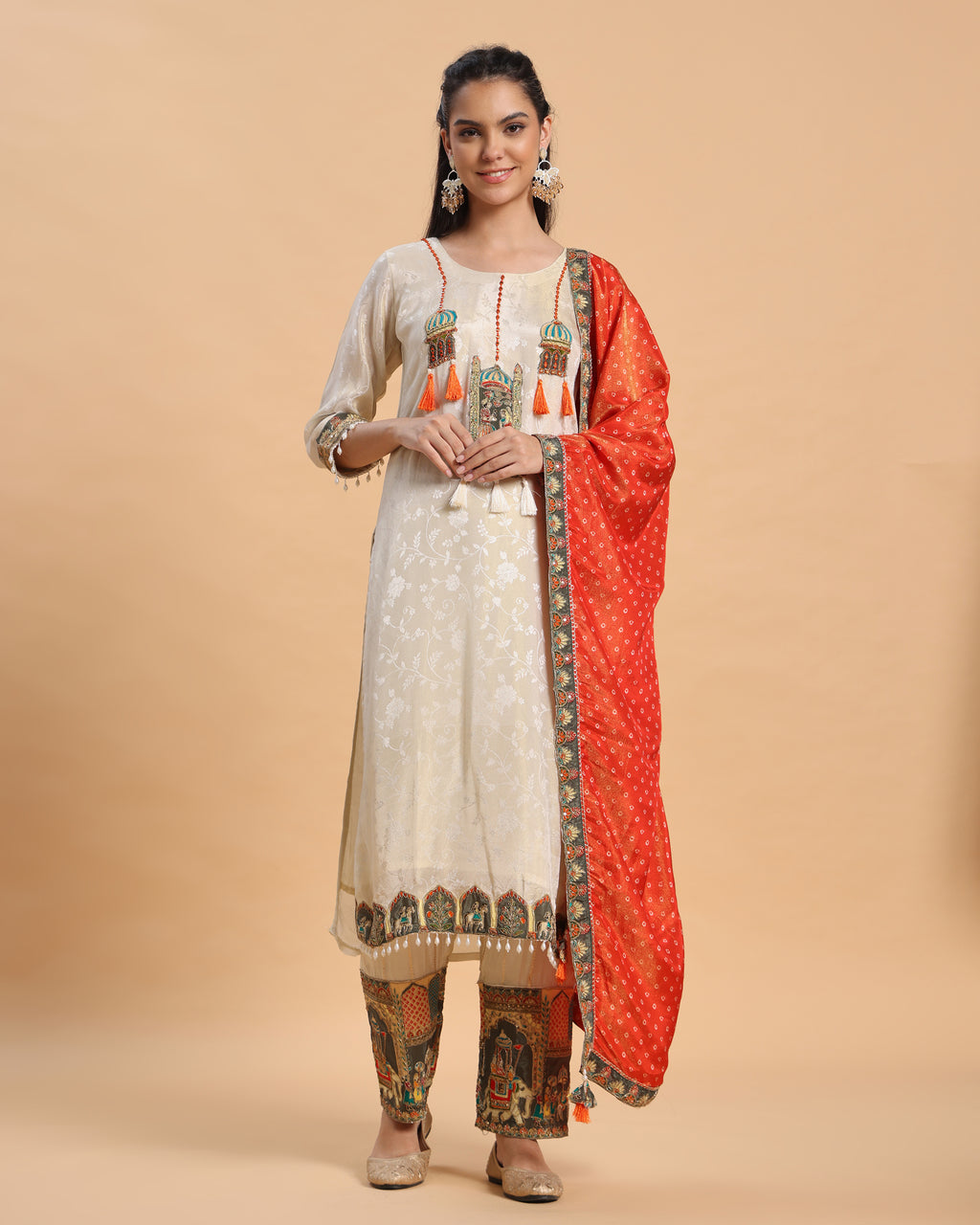 Anaya - White–Orange Jacquard