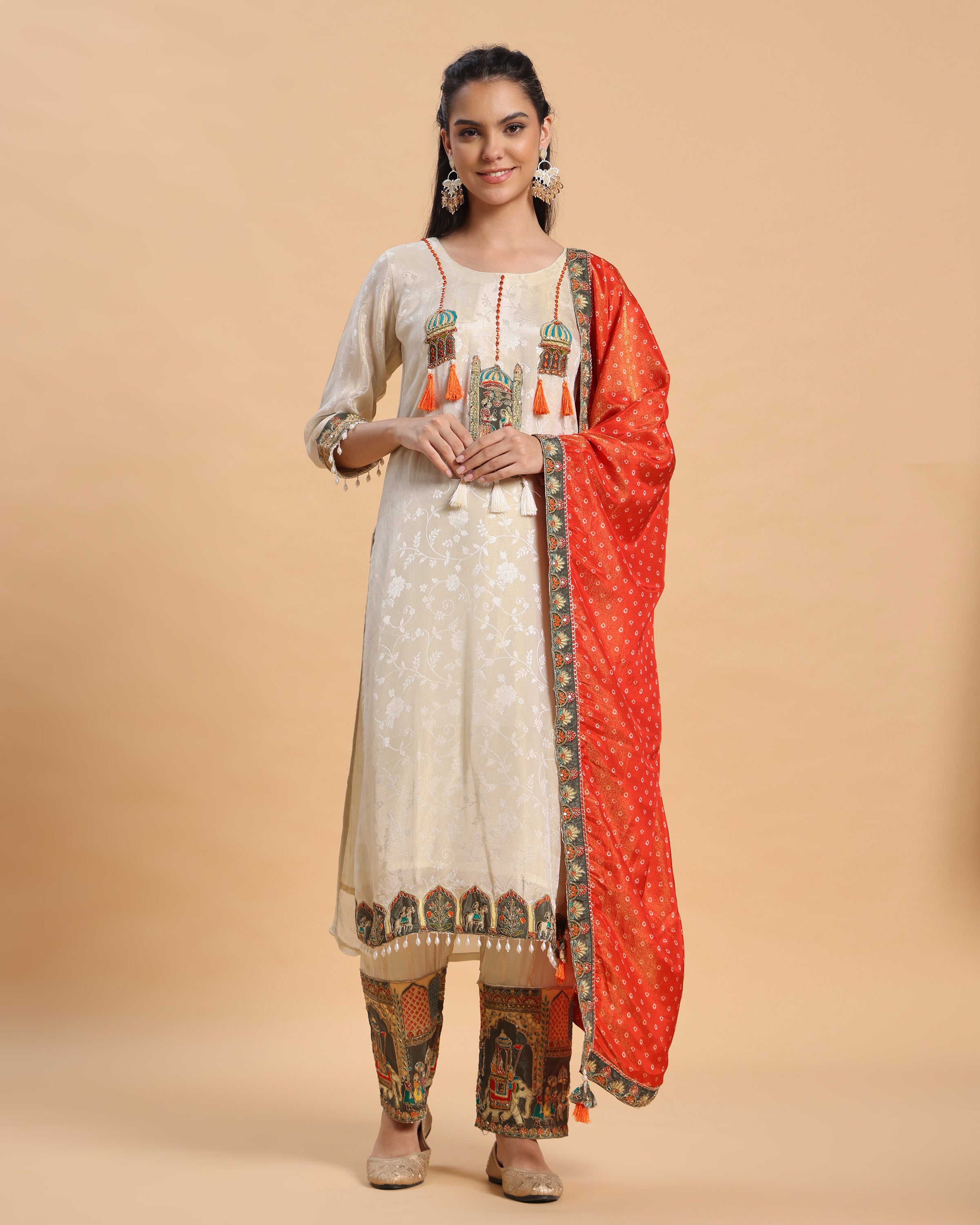 Anaya - White–Orange Jacquard