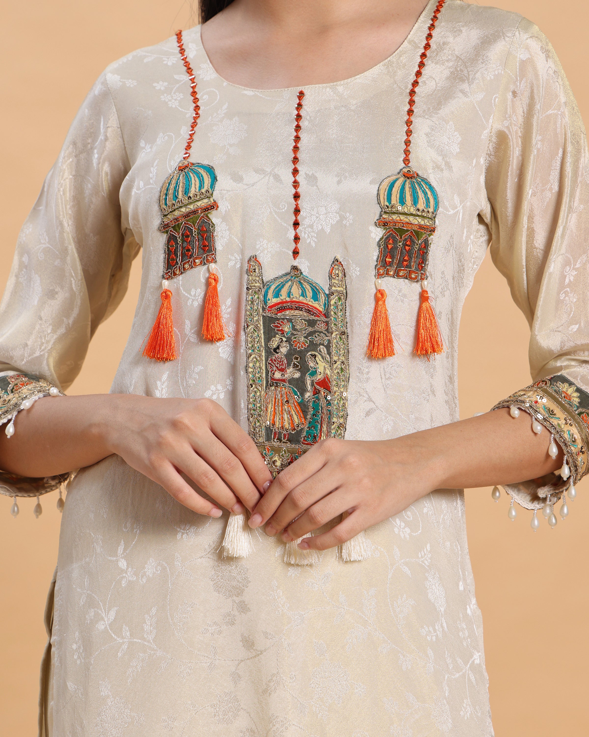 Anaya - White–Orange Jacquard