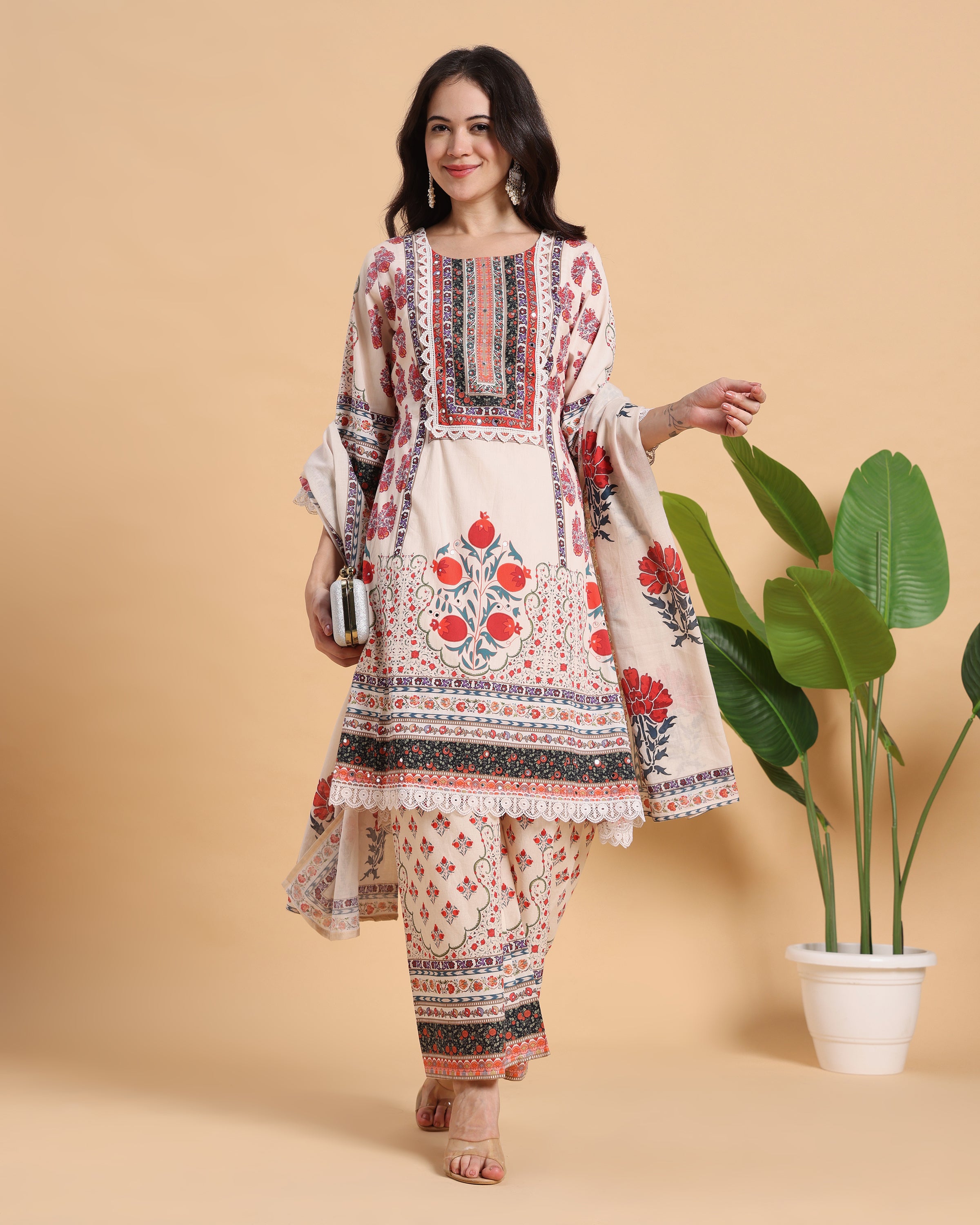 Saanvi - White & Red Casual Cotton
