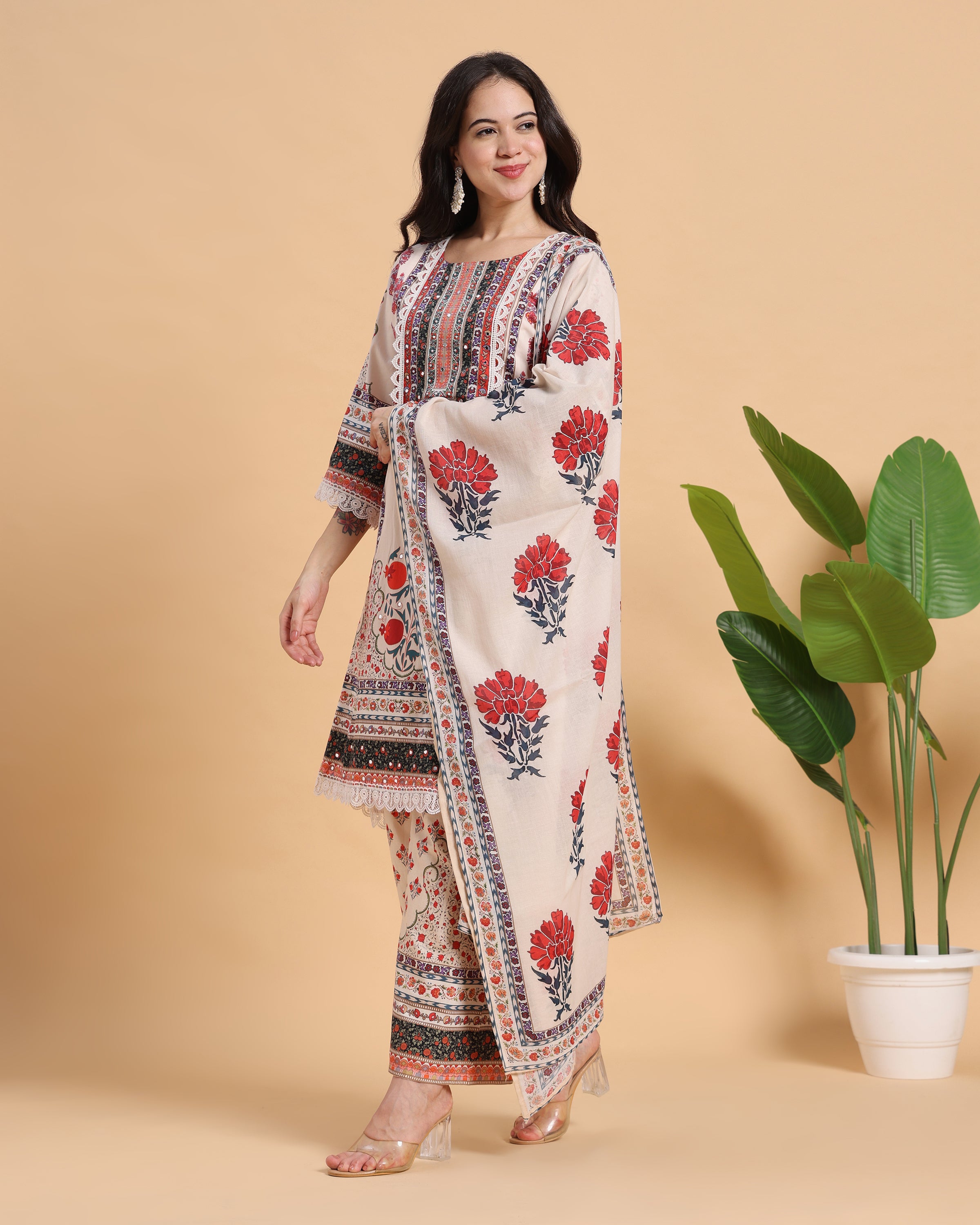 Saanvi - White & Red Casual Cotton